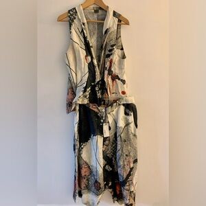 Crea Concept (Paris) 100% Linen Boho Tieup Vest & Wide Leg Capri Pant Set Sz. 44